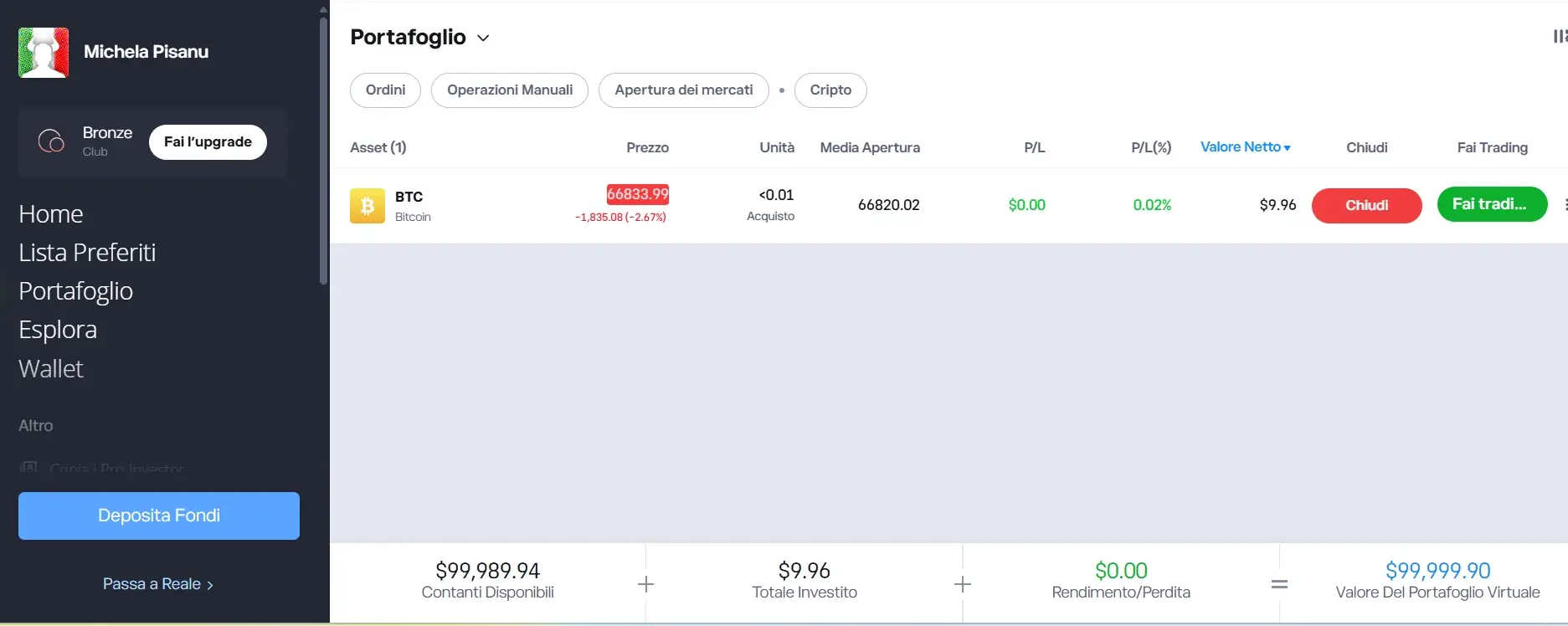 Portafoglio conto demo eToro