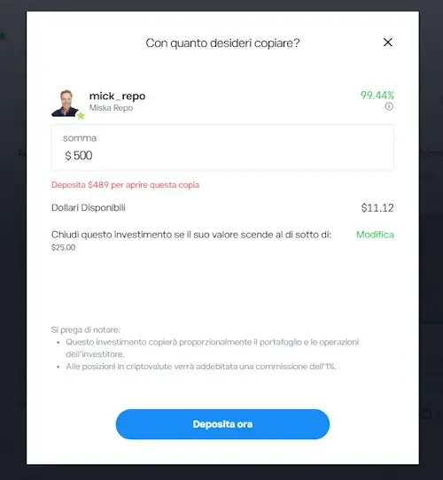 Schermata copy trading eToro