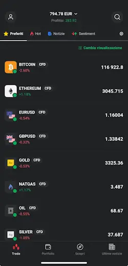 App XTB lista prodotti