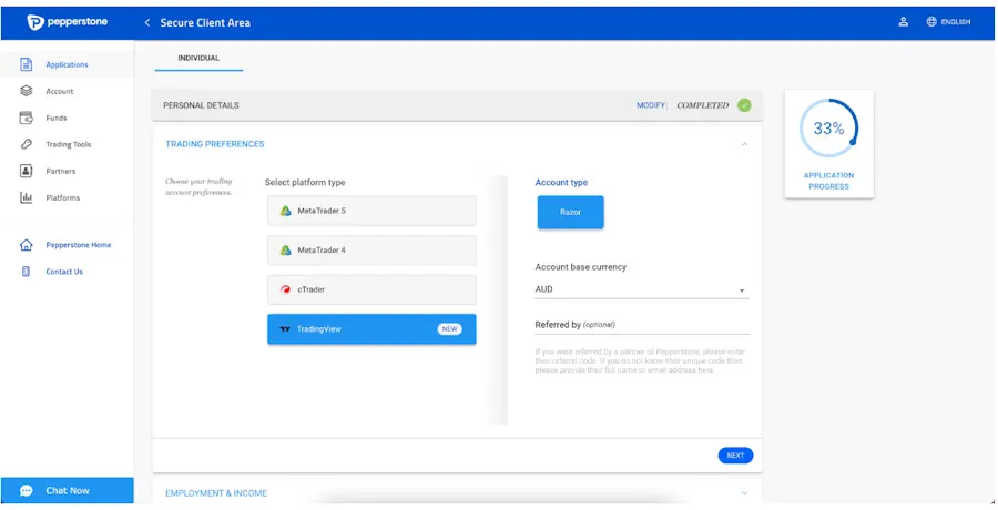 Collegare conto Pepperstone a TradingView: primo passaggio